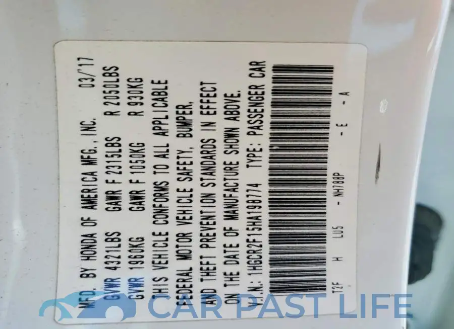 1HGCR2F15HA198774# 12