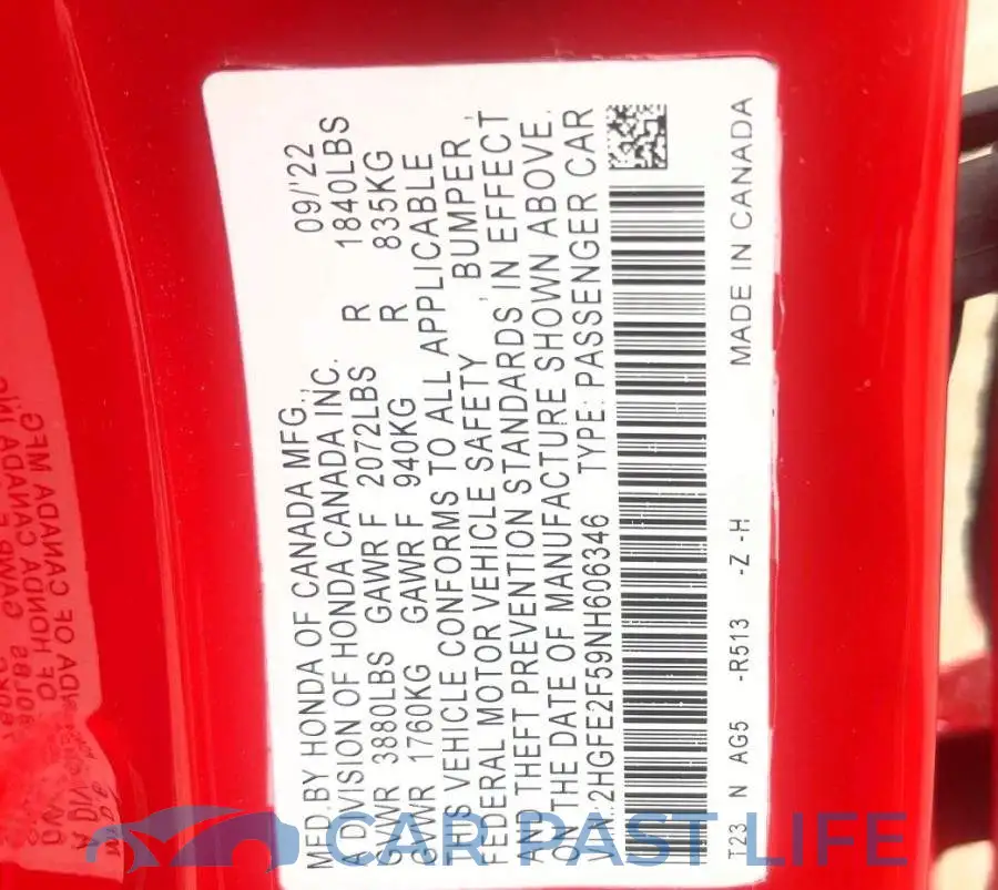 2HGFE2F59NH606346# 10
