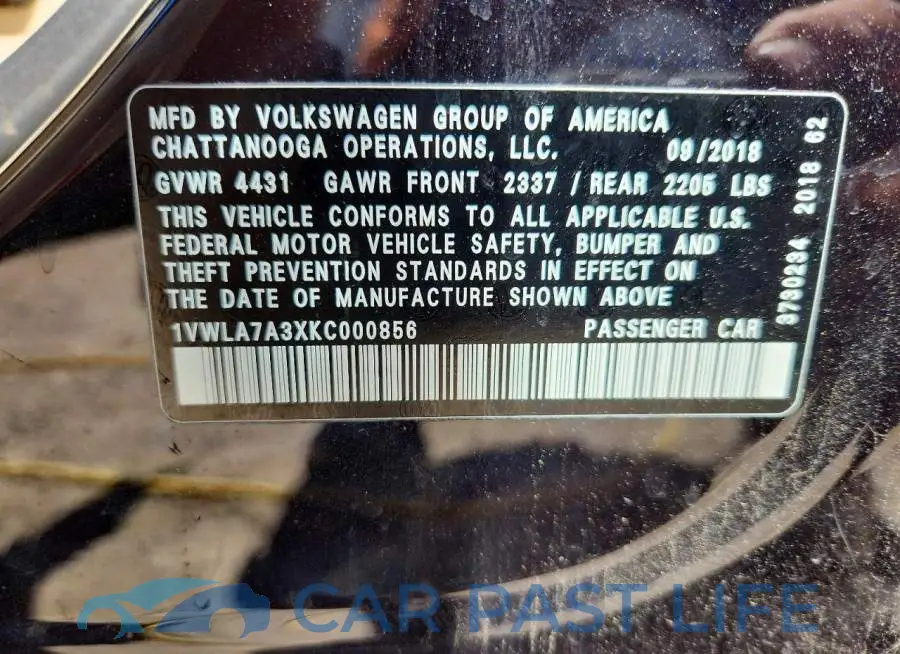 1VWLA7A3XKC000856# 12