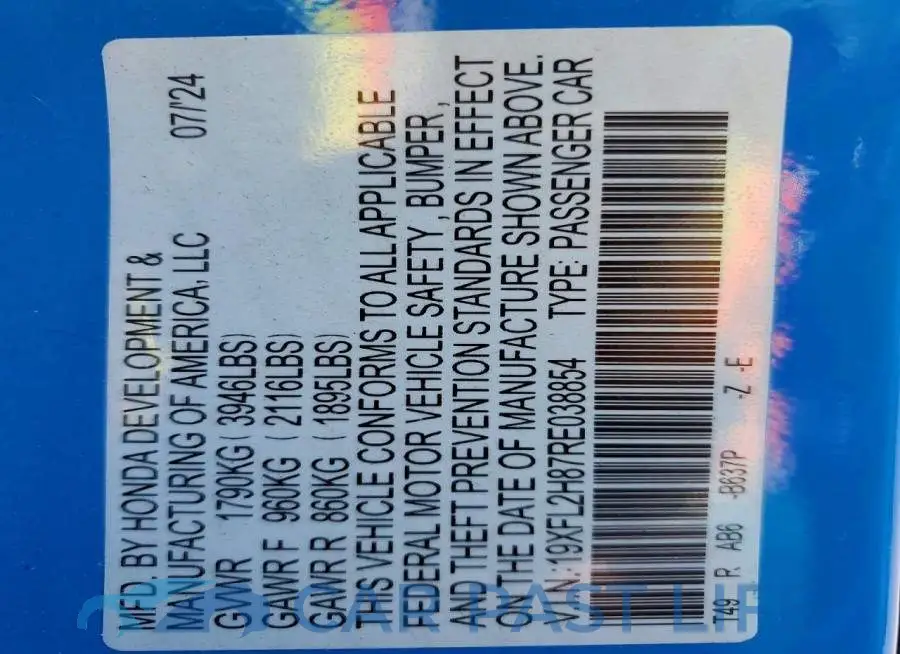 19XFL2H87RE038854# 12