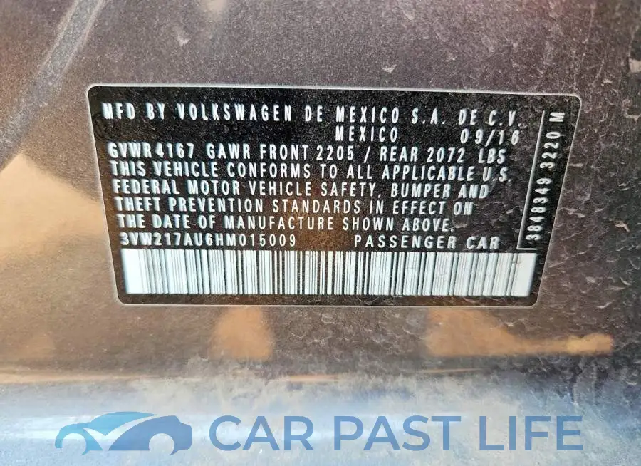 3VW217AU6HM015009# 12