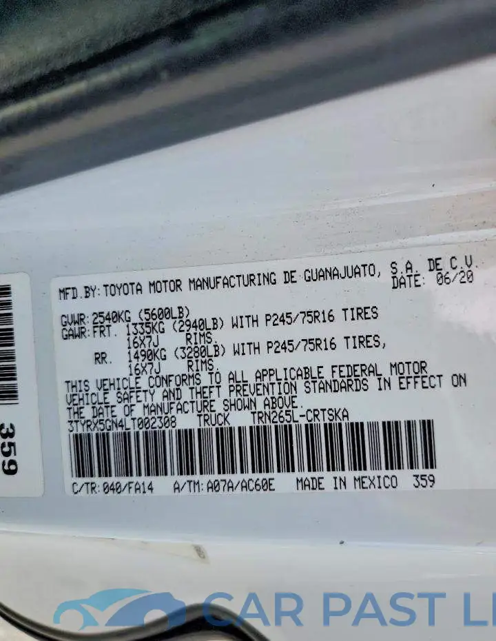 3TYRX5GN4LT002308# 12