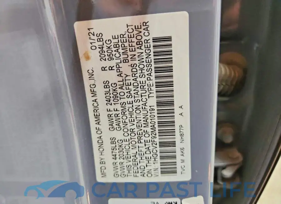 1HGCV2F92MA010191# 12