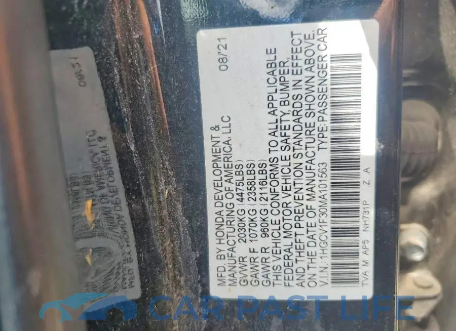 1HGCV1F30MA101563# 12