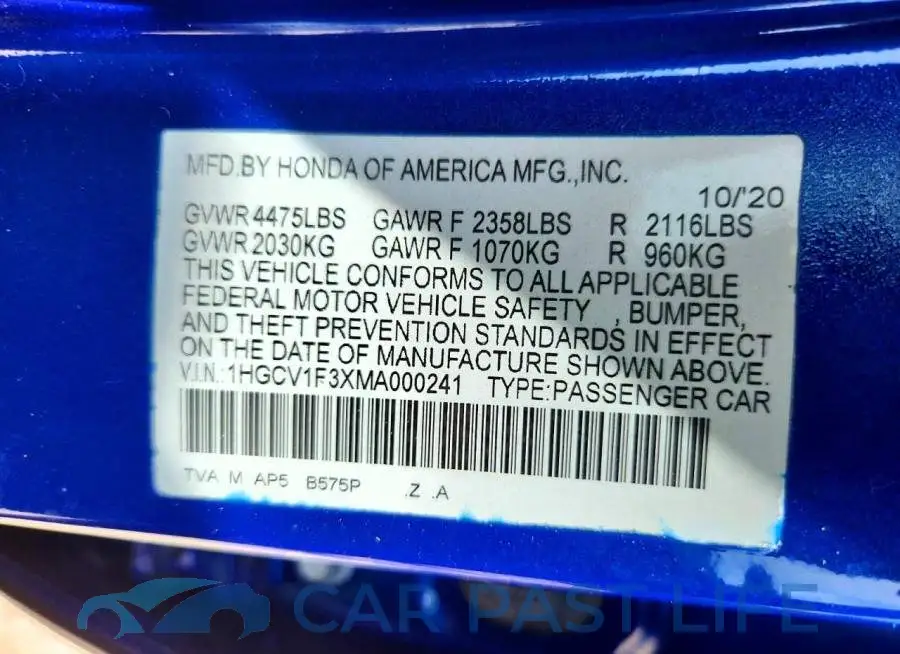 1HGCV1F3XMA000241# 12