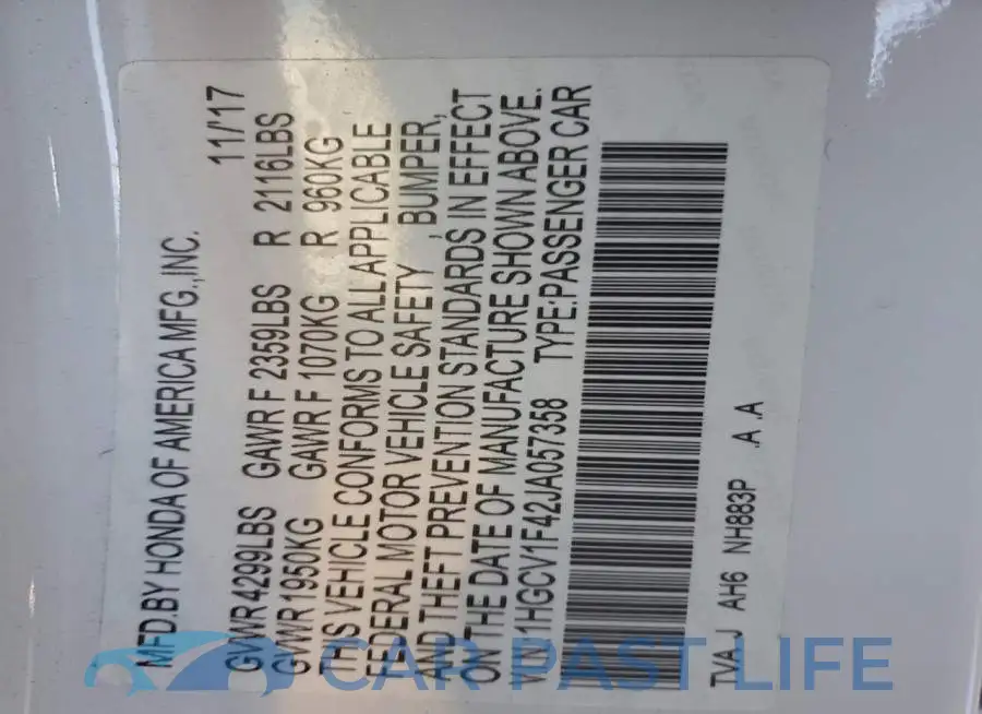 1HGCV1F42JA057358# 12