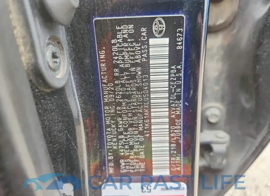 4T1K61AKXLU504013# 12