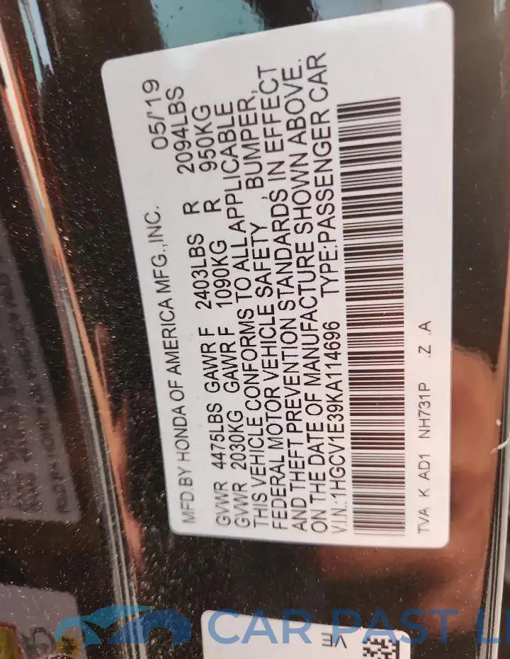 1HGCV1E39KA114696# 12