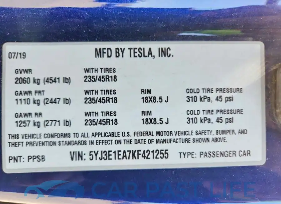 5YJ3E1EA7KF421255# 12