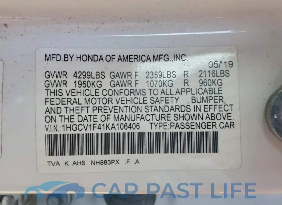 1HGCV1F41KA106406# 12