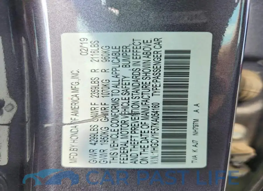 1HGCV1F57KA054160# 13