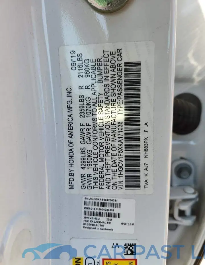 1HGCV1F5XKA171036# 12