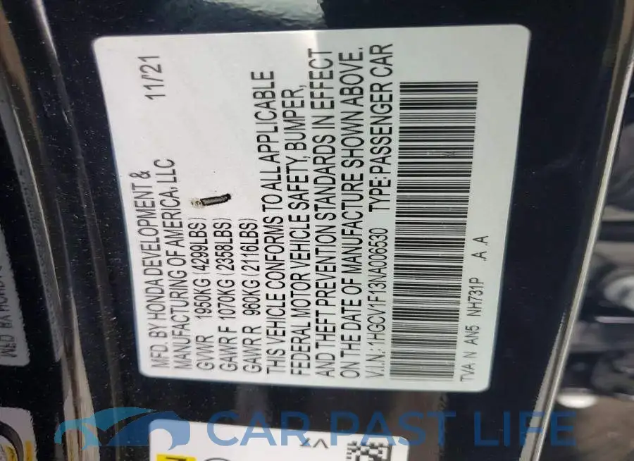 1HGCV1F13NA006530# 12