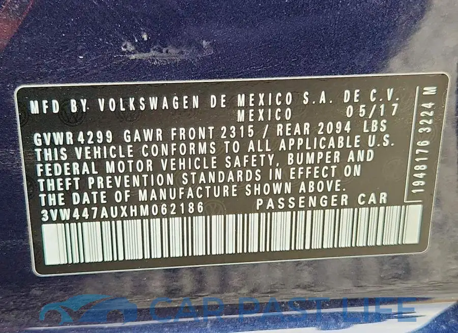 3VW447AUXHM062186# 12