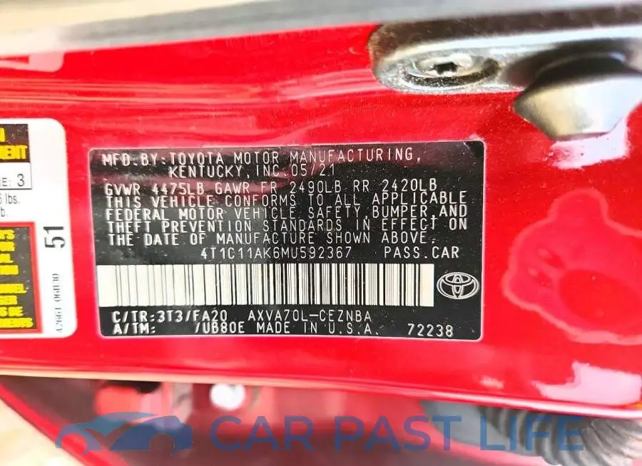4T1C11AK6MU592367# 12