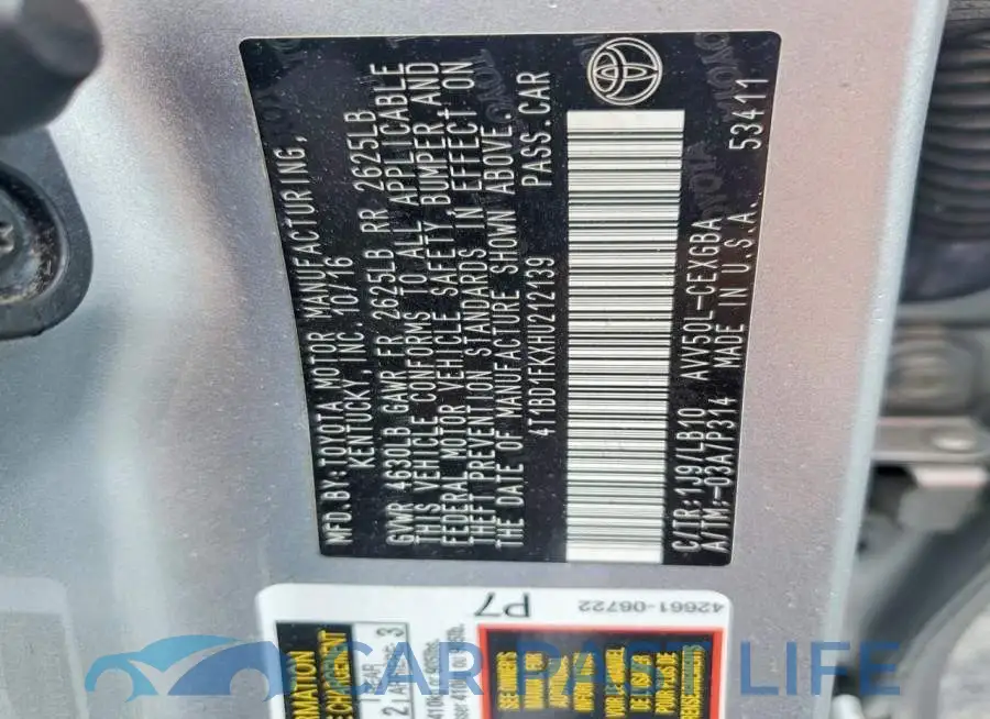 4T1BD1FKXHU212139# 13