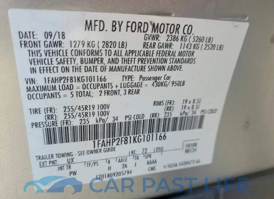 1FAHP2F81KG101166# 12