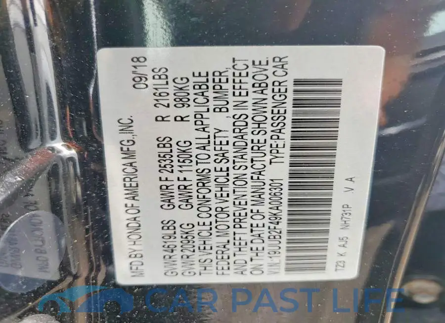 19UUB2F49KA006301# 12