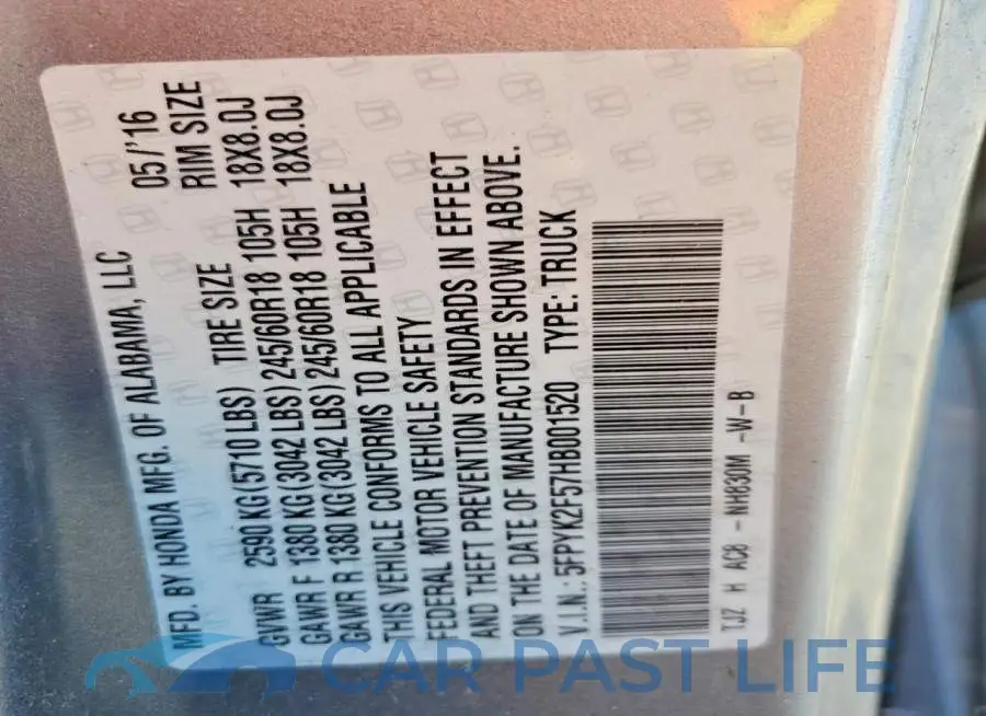 5FPYK2F57HB001520# 12