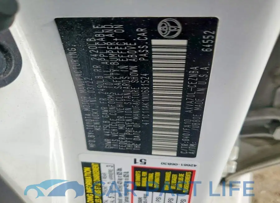 4T1C11AK1NU681524# 12