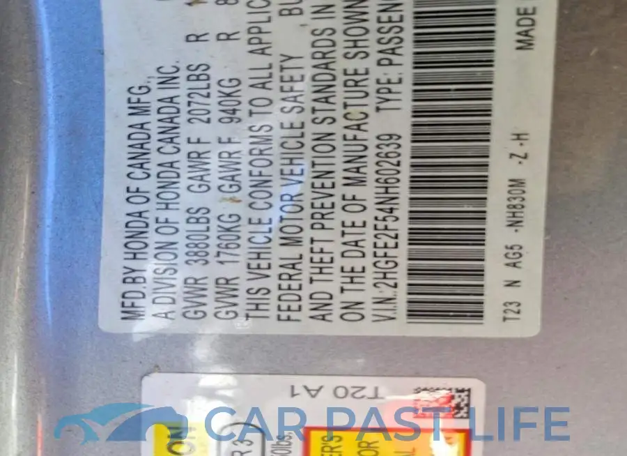 2HGFE2F54NH602639# 12