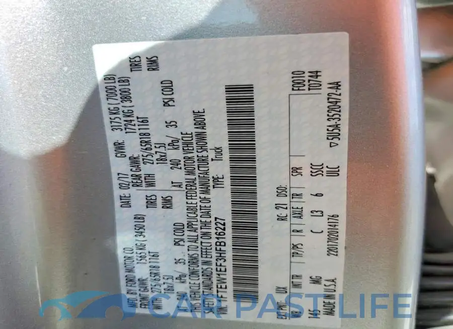 1FTEW1EF3HFB16227# 12