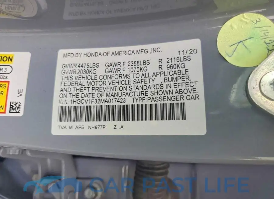 1HGCV1F32MA017423# 12