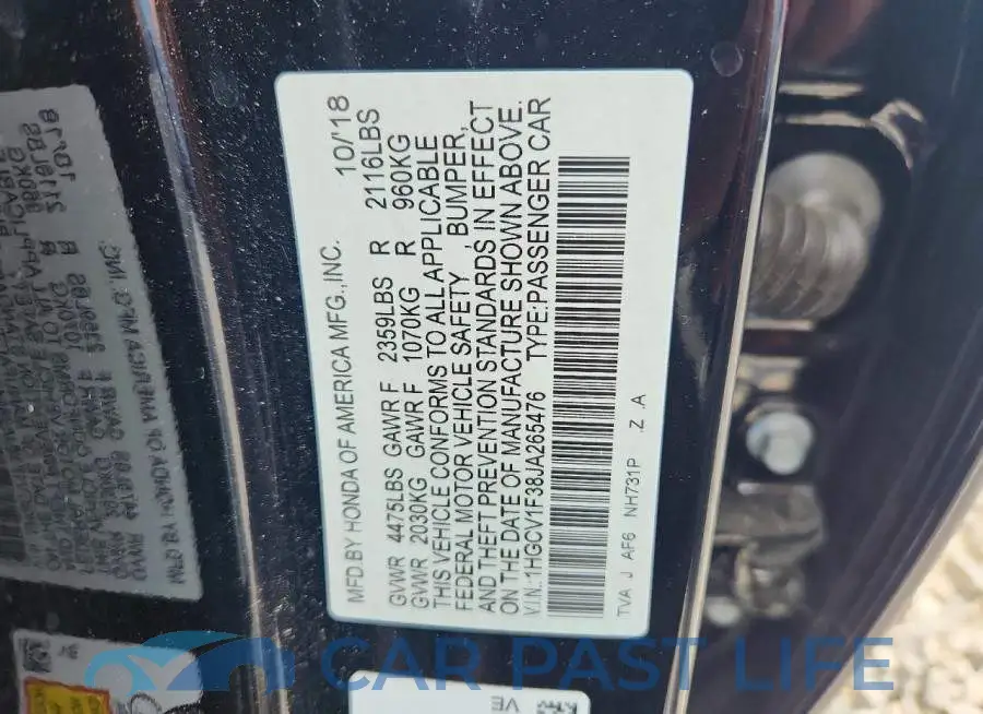 1HGCV1F38JA265476# 12