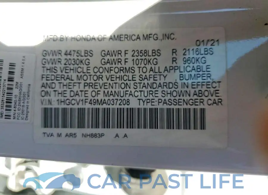 1HGCV1F49MA037208# 12