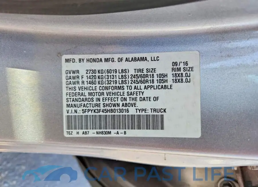 5FPYK3F45HB013016# 12