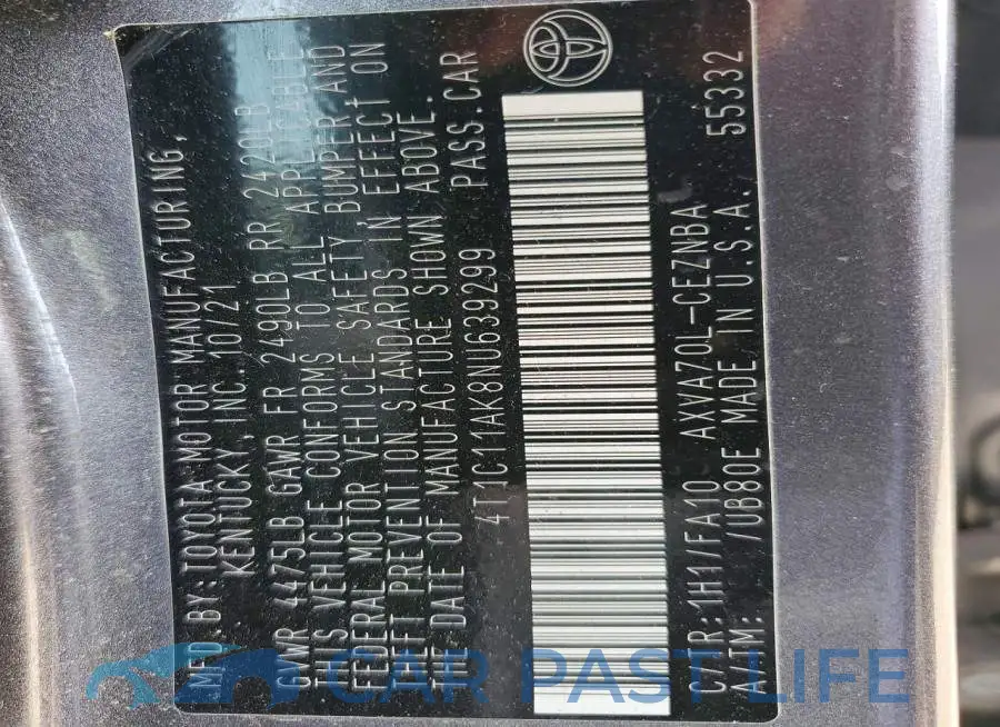 4T1C11AK8NU639299# 12