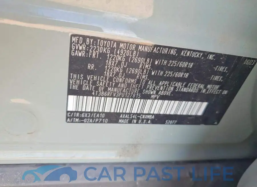 4T3B6RFV3PU127815# 12