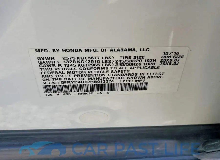 5FRYD4H52HB013374# 12