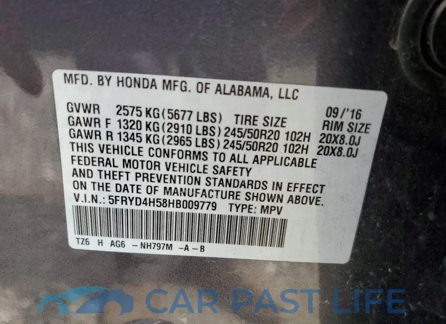 5FRYD4H58HB009779# 12