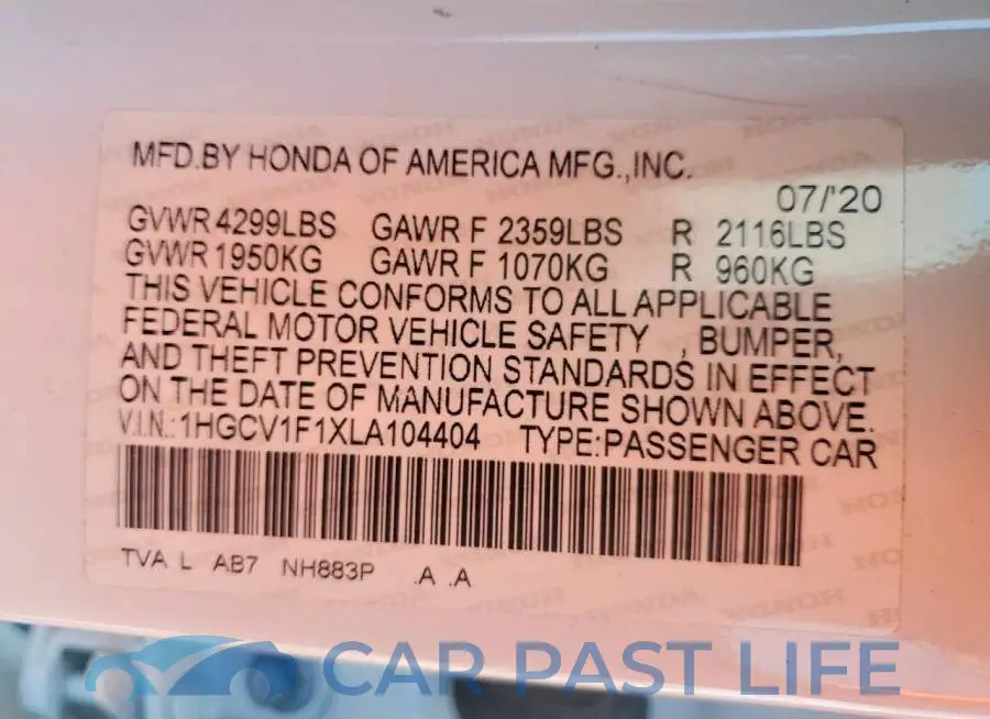 1HGCV1F1XLA104404# 12