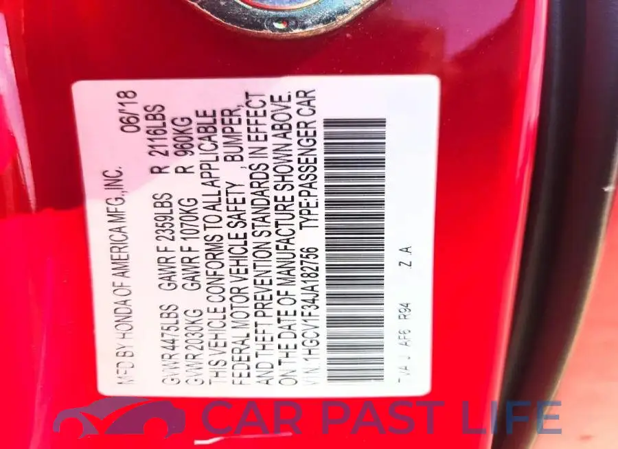 1HGCV1F34JA182756# 13