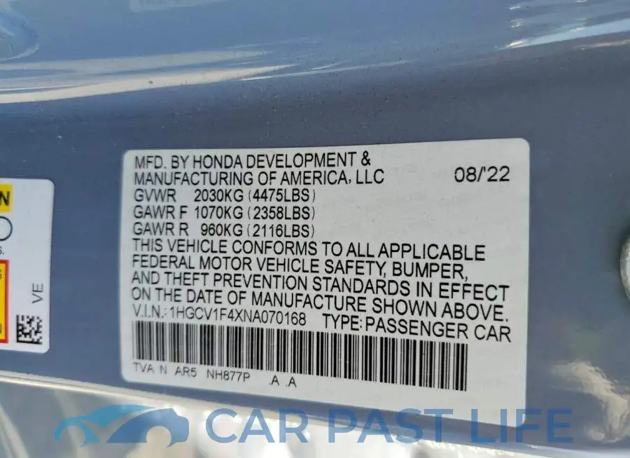 1HGCV1F4XNA070168# 12