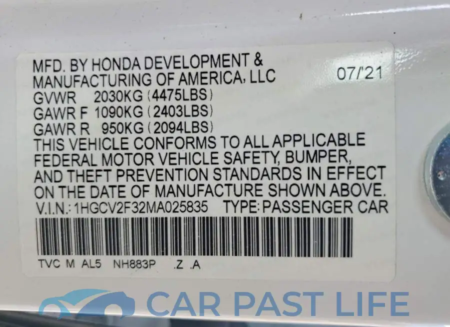 1HGCV2F32MA025835# 12