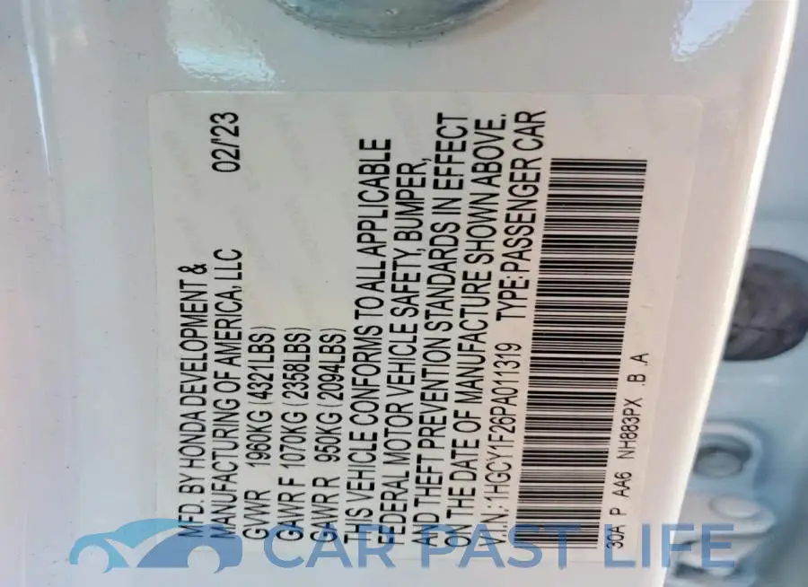 1HGCY1F26PA011319# 12