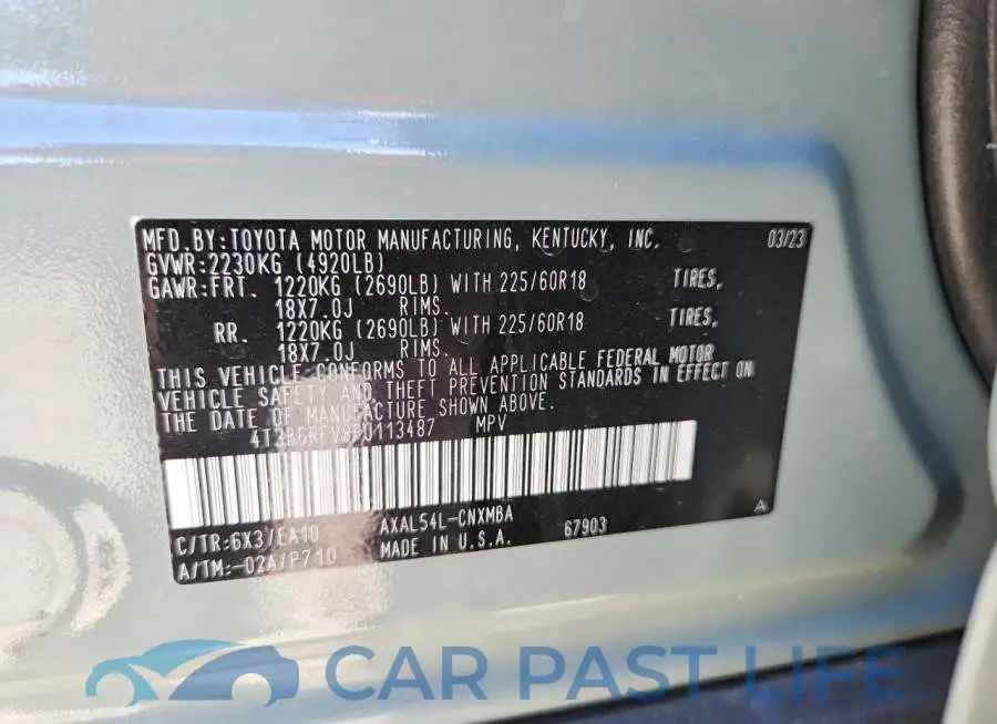4T3B6RFV8PU113487# 12