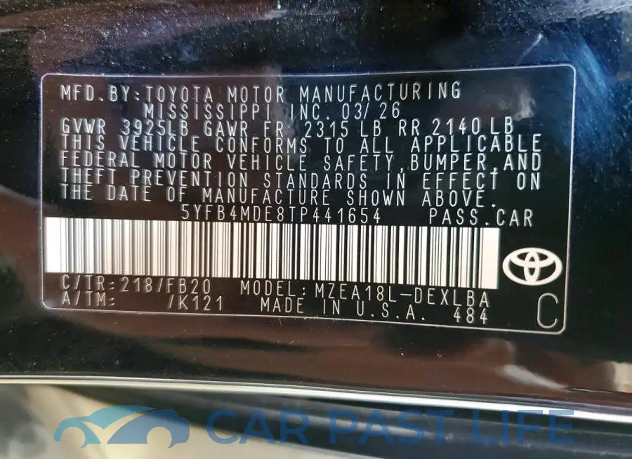 5YFB4MDE8TP441654# 13