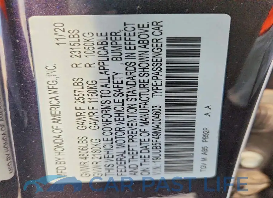 19UUB5F49MA004603# 12