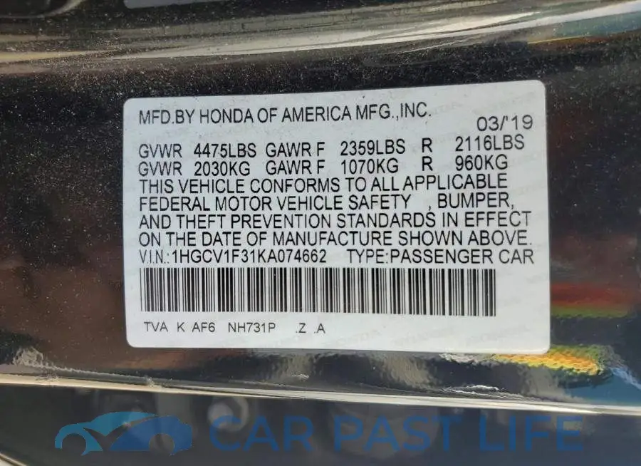 1HGCV1F31KA074662# 12