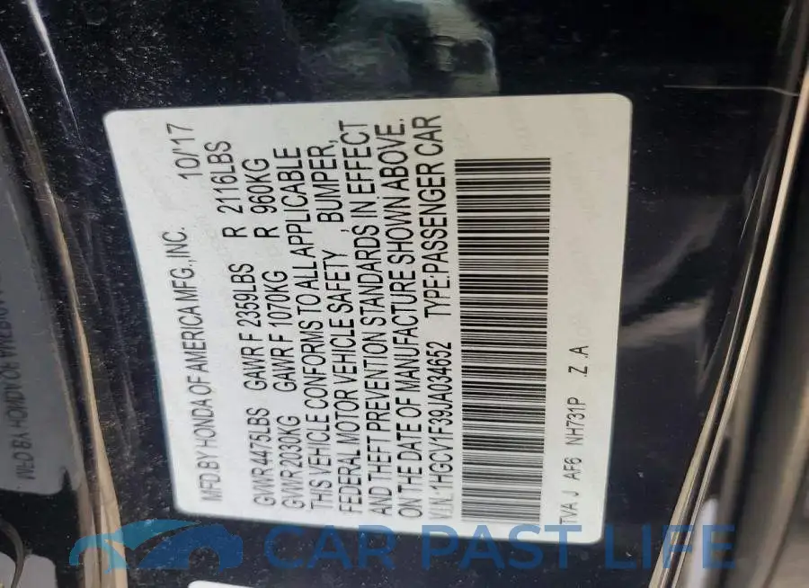 1HGCV1F39JA034652# 12