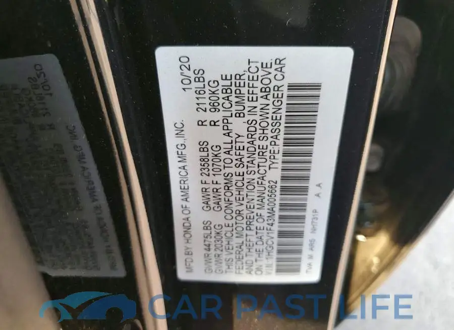 1HGCV1F43MA005662# 12