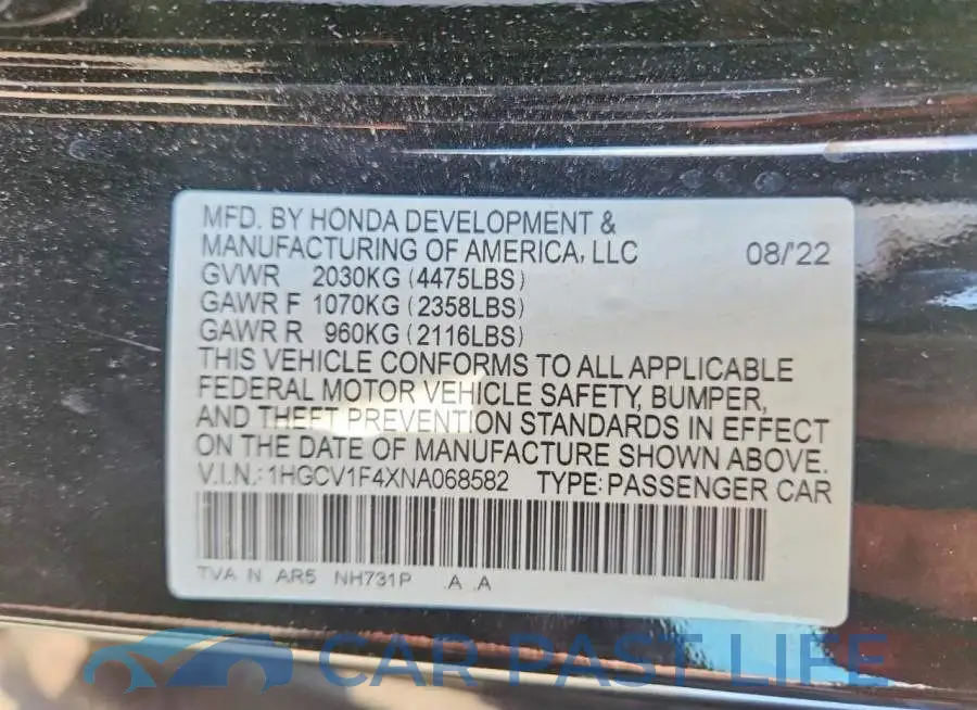 1HGCV1F4XNA068582# 13