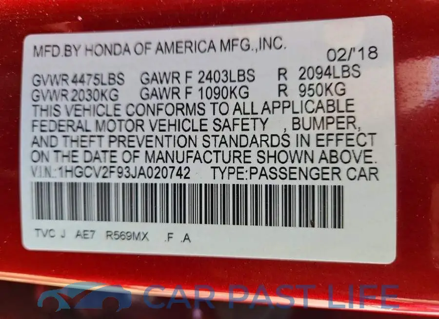 1HGCV2F93JA020742# 13