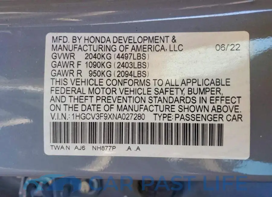 1HGCV3F9XNA027280# 12