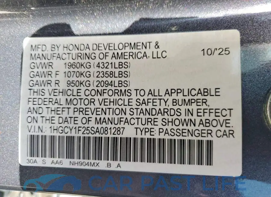 1HGCY1F25SA081287# 12