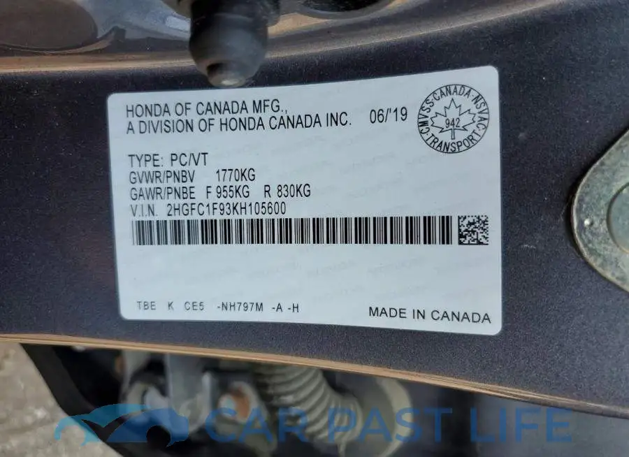 2HGFC1F93KH105600# 13
